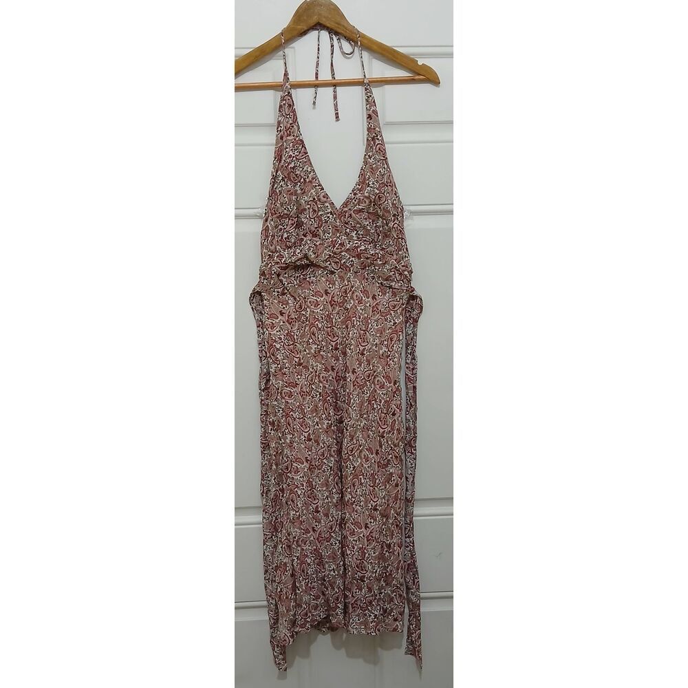 Frenzii womens small y2k open halter back slip dress coral pink paisley midi